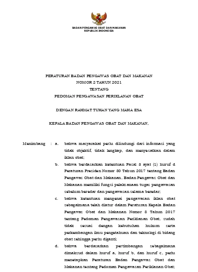 PERATURAN BADAN PENGAWAS OBAT DAN MAKANAN NOMOR 2 TAHUN 2021 TENTANG ...