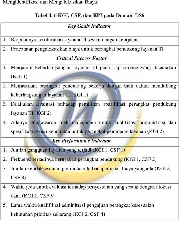 Tabel 4. 6 KGI, CSF, dan KPI pada Domain DS6  Key Goals Indicator