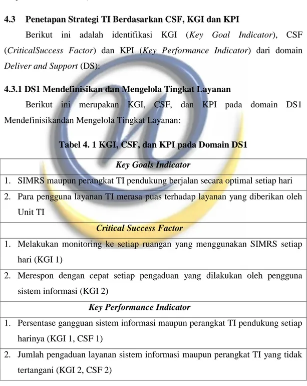 Tabel 4. 1 KGI, CSF, dan KPI pada Domain DS1  Key Goals Indicator