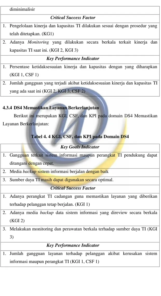 Tabel 4. 4 KGI, CSF, dan KPI pada Domain DS4  Key Goals Indicator