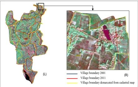 Figure 13: (L) Village boundaries (2001, 2011, and derived from cadastral map) overlaid on HRSI and   (R) Boundaries overlaid on Region of Interest (ROI)  