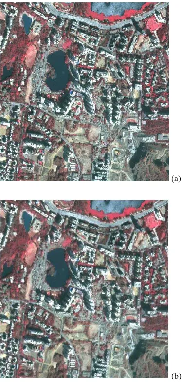 Figure 1: False colour composite of test image (a) Original (b)Smoothened by Wiener ﬁlter