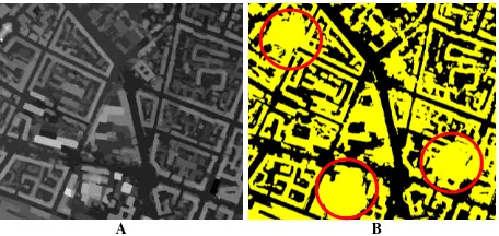 Figure 3. Small extent of Munich city center dataset. Image A  depicts the initial DEM where image B the respective ground-truth labels, containing some significant errors 
