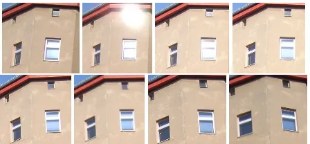 Figure 1. Eight different views of four windows of one fac¸ade.While the colour of pixels showing the surrounding masonry onlychanges slightly, the brightness of pixels of the window panes canvary a lot, especially when specular reﬂections occur.