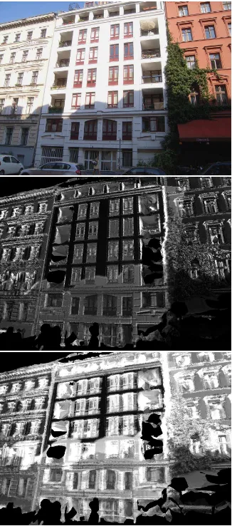 Figure 5. From top to bottom: fac¸ade image, visualization ofcolour differences to neighbouring images only, and visualiza-tion of colour differences to complete sequence