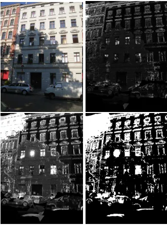 Figure 6. From top left to bottom right: fac¸ade image, visualiza-tion of colour differences to neighbouring images only, visualiza-unequaltion of colour differences to complete sequence, segmentation ofcolour difference image using the 0.7 and 0.8 quantile of pixels 0, image with gradient magnitudes.