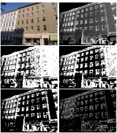 Figure 11. From top left to bottom right: fac¸ade image, visual-ization of colour differences to complete sequence, segmentationof colour difference image using the 0.3, 0.5 and 0.7 quantiles ofpixels unequal 0, image with gradient magnitudes.