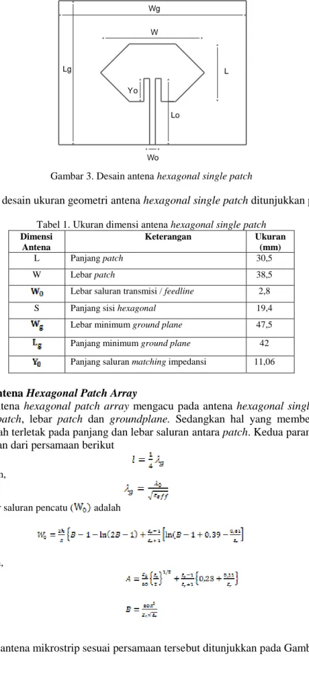 Tabel 1. Ukuran dimensi antena hexagonal single patch  Dimensi  Antena  Keterangan  Ukuran (mm)  L  Panjang patch  30,5  W  Lebar patch  38,5 