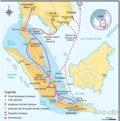Gambar 2. Peta Kawasan kekuasaan Kerajaan Sriwijaya 