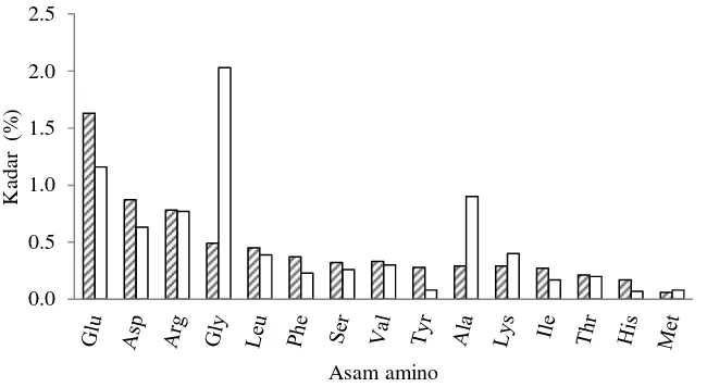 Gambar 4  Kandungan asam amino pepton kacang tanah perlakuan terbaik  () dan pepton komersial () 