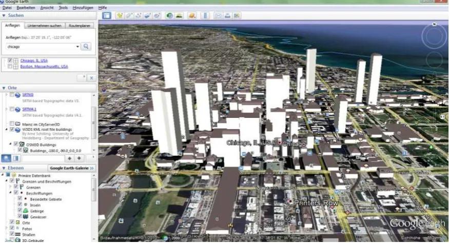 Figure 8: OSM-3D buildings in Chicago integrated in Google Earth as Network Links. 