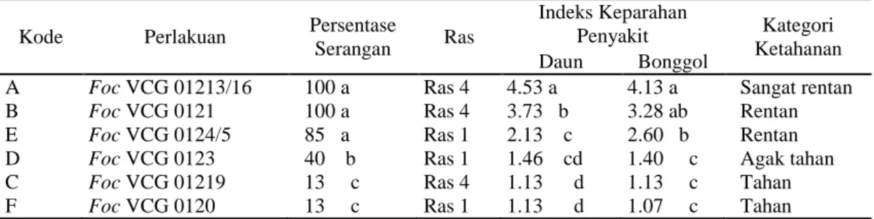 Tabel  5.  Kategori  ketahanan  pisang  Ambon  kuning  (Gros  michel)  yang  dikoleksi  dari  Jambi  terhadap  beberapa  VCG  Fusarium  oxysporum  f.sp