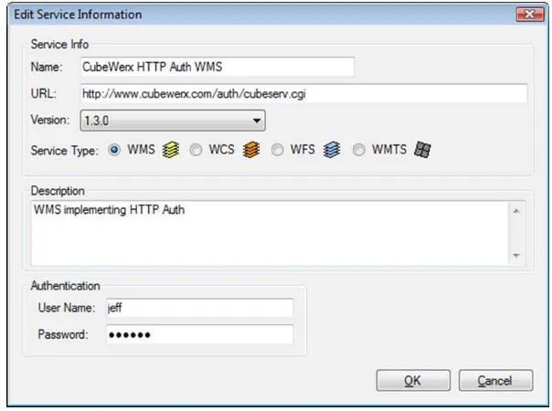 Figure 3 - Credentials for CubeWerx WMS prompted by Gaia 
