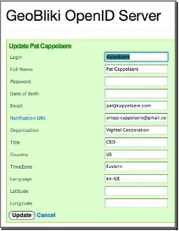 Figure 16, OpenID Server Interface to enter User’s Identity Profile 