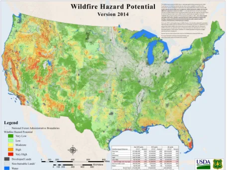 Figure 5 shows a map for historical wildfire activities in the US from 1993 to 2014. Comparing this map with our map (Figure 4), higher-value areas in our map appear to correspond well with areas that historically have more wildfire incidents