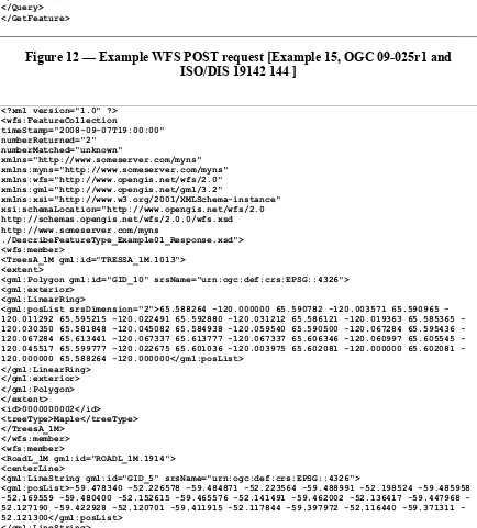 Figure 12 — Example WFS POST request [Example 15, OGC 09-025r1 and ISO/DIS 19142 144 ] 