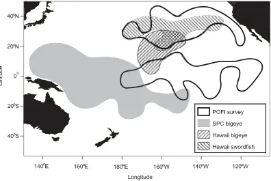 Fig. 2. Geographical ranges of data sets used to derive the depth distribution of catchability for each species