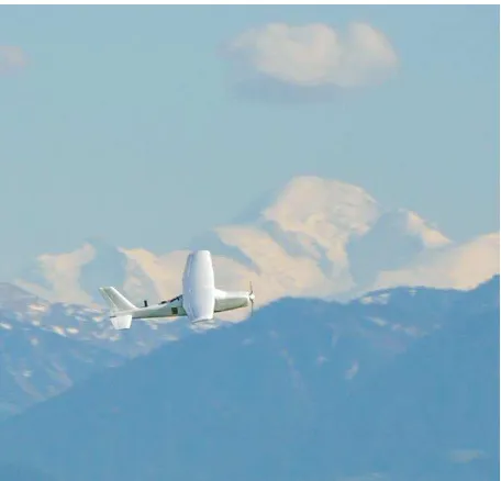 Figure 2. Fixed-wing platform in flight with Mt. Blanc in background  