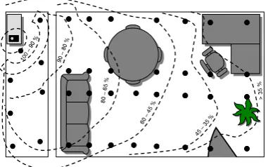 Fig. 6: Signal propagation area of a Wi-Fi transmitter including discrete areas of different signal strength  and measurement points referenced to a cell 