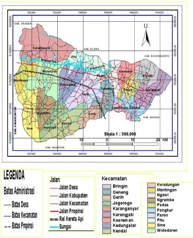 Gambar 4.1   : Peta Kabupaten Ngawi Sumber  commit to user : Bappeda Kab. Ngawi 