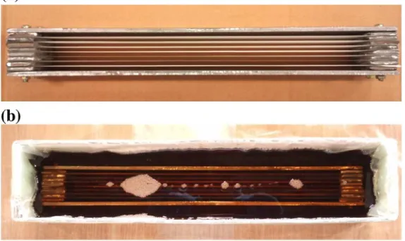 Fig. 3. (a) Nomex paper sections in holder; (b) Nomex paper sections in phenolic resin bath.