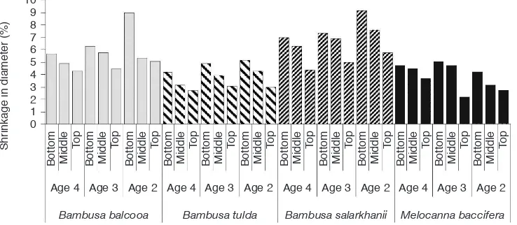 Figure 4      Shrinkage in wall thickness values of four bamboo species at different height positions and ages 