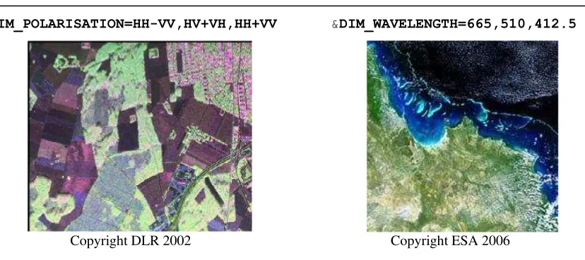Figure 7-7: Example GetMap requests/responses based on specifying a three values from the sample dimension dataset:  E-SAR L-band polarimetric intensity map returned as an RGB false colour composite;  MERIS (optical) product map returned as an RGB false co