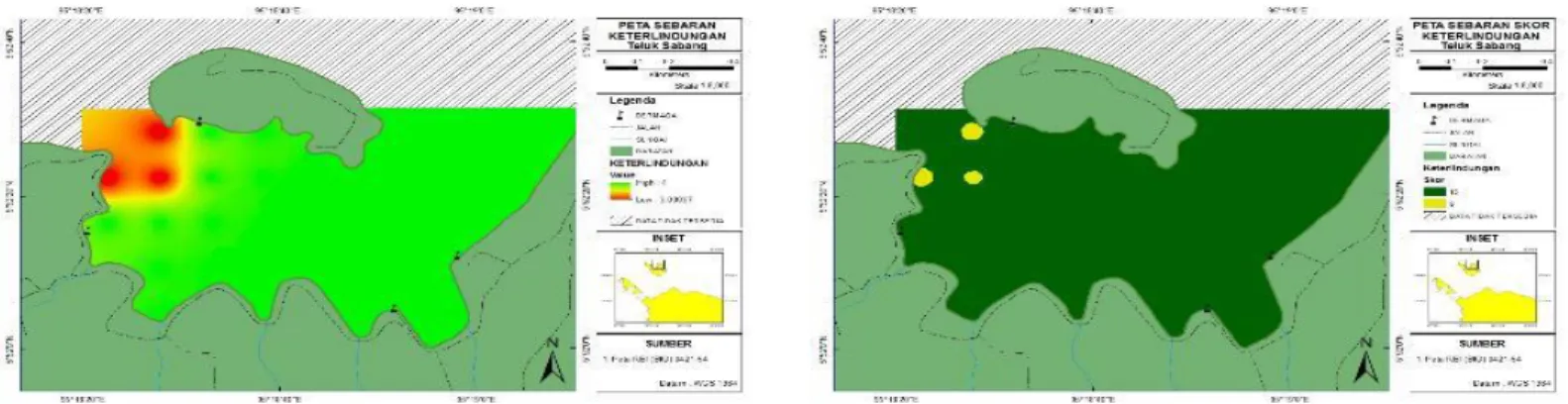 Gambar 2. Peta Sebaran dan Skor Keterlindungan pada perairan Teluk Sabang 