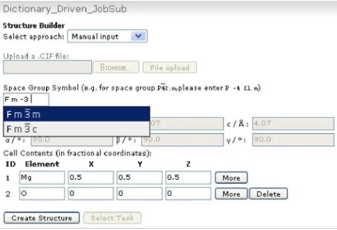 Fig. 3.Screenshot of the structure builder interface. A user can select the spacegroup symbol whose value is automatically completed
