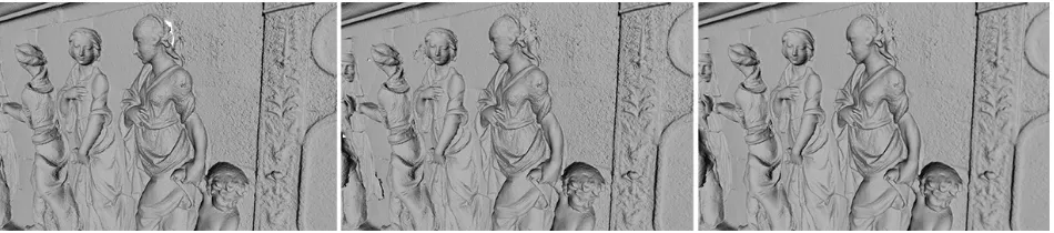 Figure 5. Comparison between meshing systems: (from left to right) model made using Photoscan, Meshlab (decimated after meshing), and Meshlab (decimated before meshing) 
