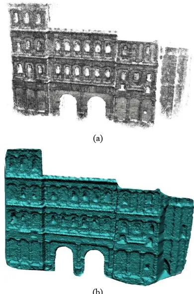 Figure 3. (a) 3D reconstruction results of Porta Nigra taken from the web image repositories; (b) 3D reconstruction results of Porta Nigra using semi-automatic methods