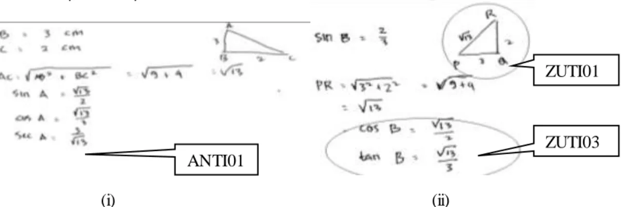 Gambar 1. (i) Jawaban AN Terhadap Soal Nomor 1 dan (ii) ZU Terhadap Soal Nomor 2   Hasil  tes  identifikasi  menunjukan  bahwa  kesalahan  siswa pada soal nomor 1 yaitu siswa  salah  menentukan  nilai  sinus  A,  cosinus  A  dan  secan  A  pada  segitiga  