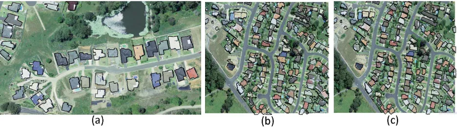Figure 9: Map from the extracted buildings: (a) updated map for Scene 1, (b) automatic building detection for Scene 2 in Decemberand (c) map from (b) using the GUI.