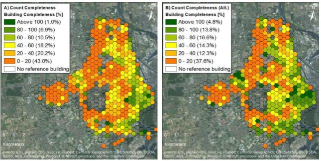 Figure 4. Building completeness in OSM estimated with the percentage of the building count ratio (A) and an alternative method including pre-processing of the data (B)