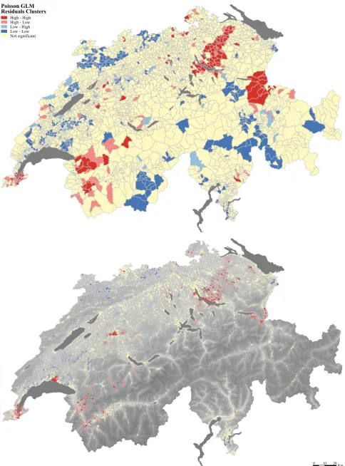 Figure 3. Dog tumor incidence count model residuals clusters for unreined municipality units (top) and dasymetricallyreined units (bottom) (data: SFOT, 2015)