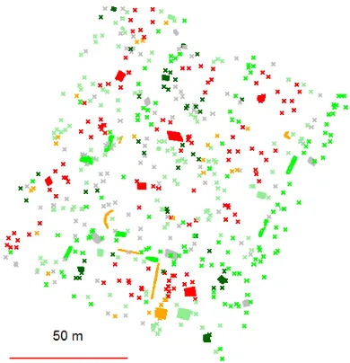 Figure 1. Training areas and randomly selected checkpoints (crosses). The colours represent different classes