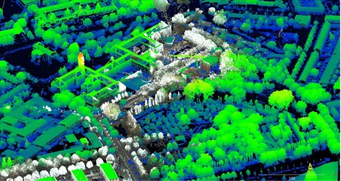 Figure 6: The original AHN2 point cloud (the larger cloud) and MLS point cloud (containing the color information for each point) areshown together.