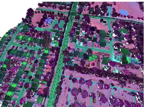 Figure 1. Merged point cloud coloured as false-colour composite (red=C2, green=C3 and blue=C1) 