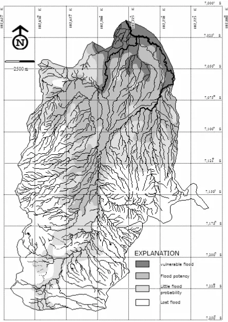 Figure 10. The map of flood area distribution at Cirasta sub Watershed (Sukiyah et al, 2005) 