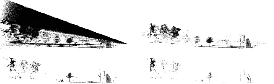 Figure 4. Raw point cloud data (top left), point cloud data ﬁltered via intensity information (top right), point cloud data ﬁltered via themeasure of range reliability (bottom left) and point cloud data ﬁltered via the measure of planarity (bottom right).