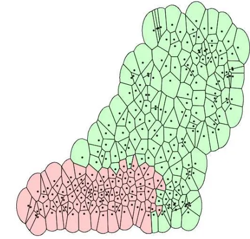 Figure 6. A Voronoi map of the Dutch language area after being processed with the cell edge clipping method described in this paper