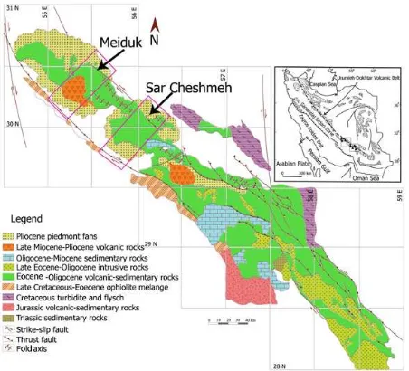 Figure 1 shows a simplified geology map of the southeastern segment of the Urumieh–Dokhtar Volcanic Belt