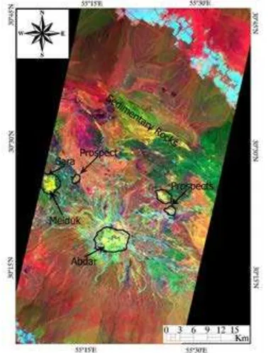 Fig. 4. ALI band ratio image of 4/2, 8/9, 5/4 in RGB shows hydrothermally altered rocks as yellow color around known and mined porphyry copper deposits