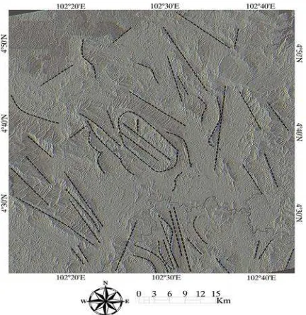 Figure 2. Fused image of N-S (0 (135◦), NE-SW (45◦), and NW-SE ◦) directional filters applied on the HV polarization image for the study area