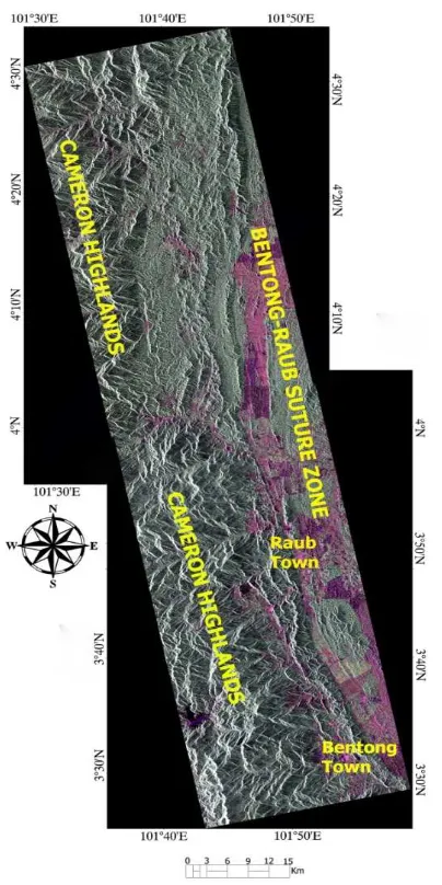 Fig. 2. RGB color combination of PALSAR polarimetric HH,  HV and VV images, southeastern part of the Bentong-Raub Suture Zone