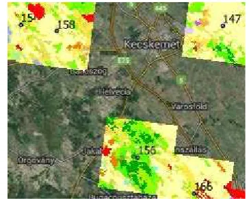 Figure 4. Some extracted worlds (from CORINE) with  identifiers, GoogleMaps layer in background, scale 1:800 000, near the city of Kecskemét    