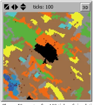 Figure 9. Shows 50 scouts after 100 ticks of simulation on the  sample world 