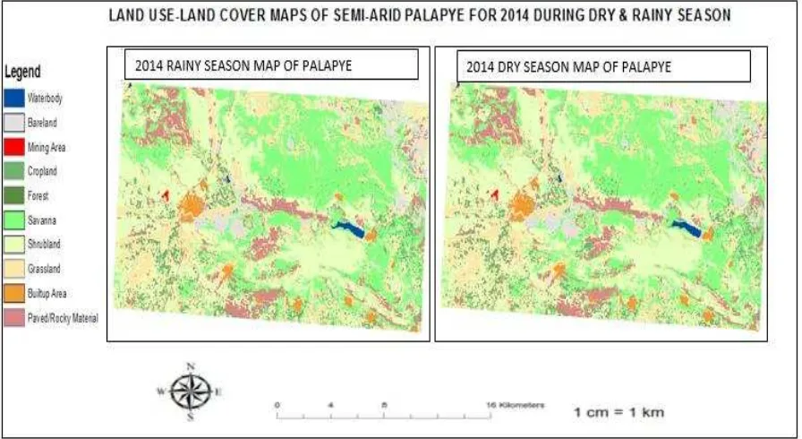 Figure 2: Seasonal land use-land cover maps of semi-arid Palapye for 2014 dry and rainy season