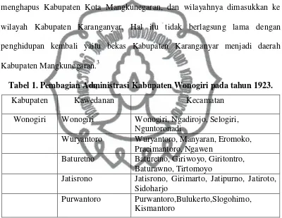 Tabel 1. Pembagian Administrasi Kabupaten Wonogiri pada tahun 1923. 