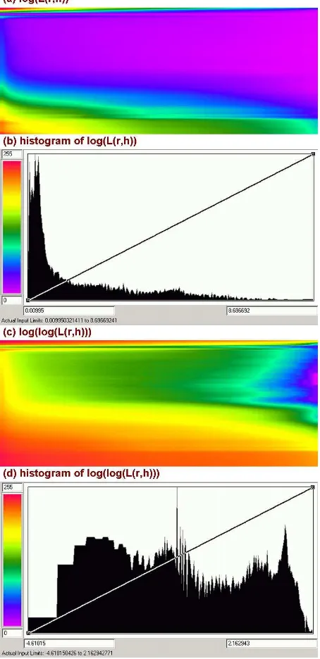 Figure 4. (a) Colour coded visualization of log(L(r,h)) at a certain (x,y); (b) The histogram and transfer function of image in (a); (c) Colour coded visualization of log(log(L(r,h))) of the same data L(r,h); (d) The histogram and transfer function of imag